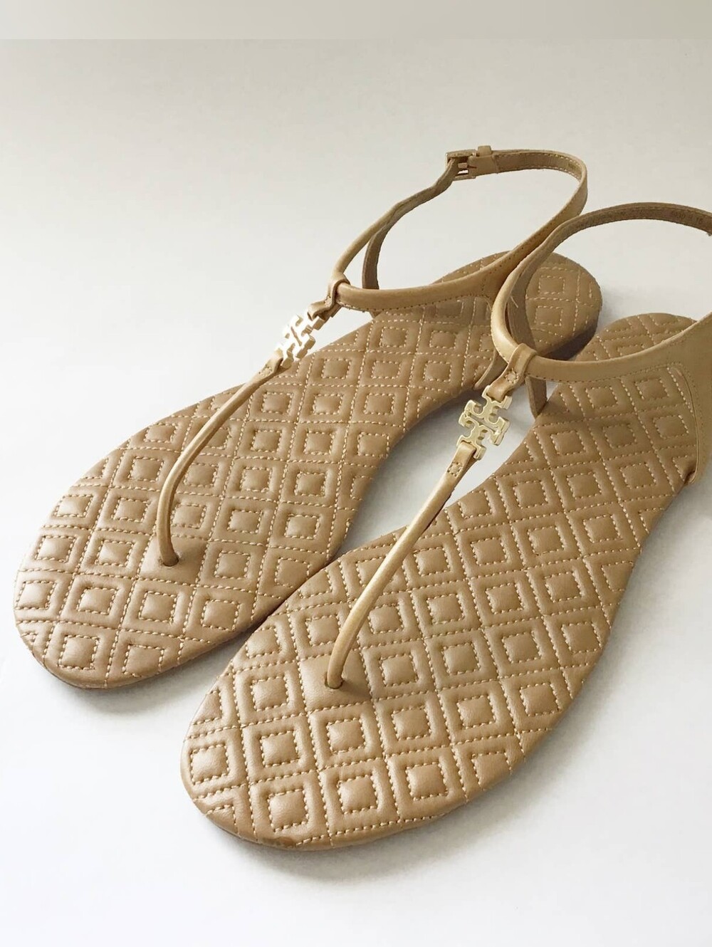 Tory Burch Quilted Tan T-Strap Sandals